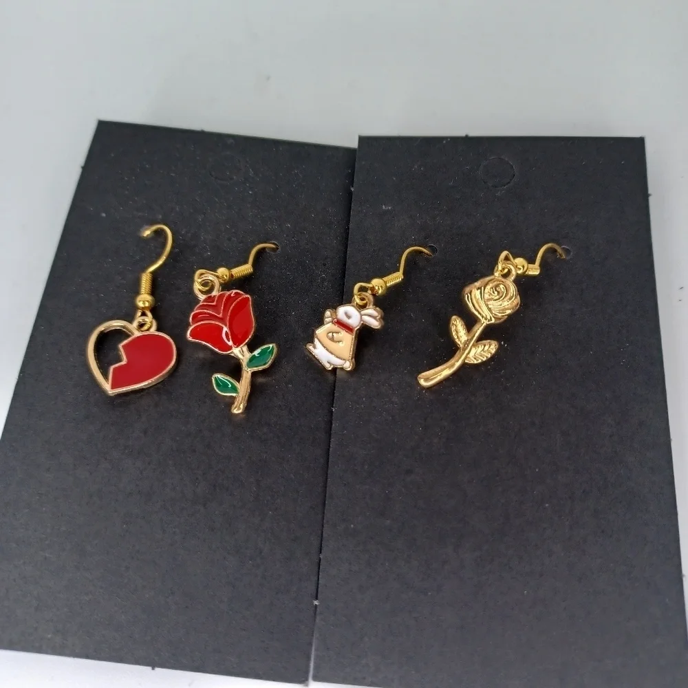 Gold and Red Heart and Rose Earrings
